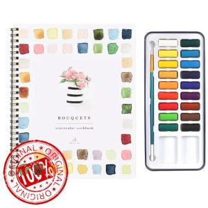 Beginner-Friendly Watercolor Workbook Kit – 44-Page Spiral-Bound Watercolor Painting Book with 18-colors Brushes