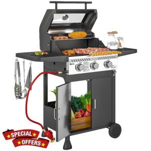 Outsunny 3 Burner Gas BBQ Trolley with See-through Lid