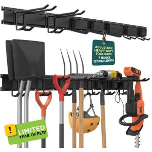 Green Haven Heavy Duty 48-inch Garden Tool Rack – Customisable Wall-Mounted Garage Tool Organiser with 7 Adjustable Hooks