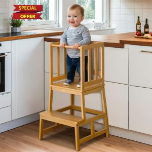 COSYLAND Nursery Step Stool for Kids - Toddler Standing Tower for Kitchen Counter - Mothers' Helper Kids Learning Stool in Kitchen - A-Shaped Anti-tip Structure (Natural)