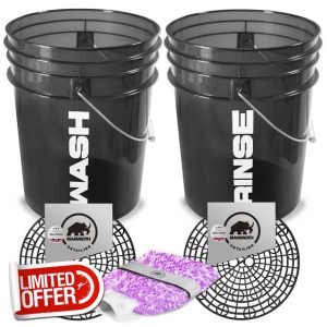 5pc Detailing Car Wash Bucket Set With Wash Guards for Scratch Free Car Cleaning. Includes Microfibre Washmitt. (Black)