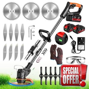 Cordless Strimmer 21v with Li-ion Battery and Charger Garden Strimmer Adjustable Grass Trimmer 90° Head Rotation Electric Strimmer Cordless with 3 Types Blades Brush Cutter for Gardens Lawns(Black)