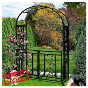 Large Metal Garden Arbor with Gate for Climbing Vines Sturdy Black Archway Stand for Pergola Flowers and More Weather Resistant 114x210x52cm