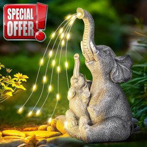GIGALUMI Solar Garden Statues Embrace Elephant Figurine Lights for Outdoor