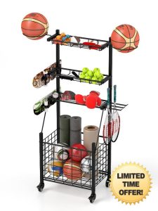 yeshine 4-Layer Metal Ball Storage Rack Football Stand with Rolling Wheels Ball stand Sports equipment Organizer with Basket Hooks for Garage Basketball Football Volleyball Indoor Outdoo