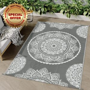 Famibay Outdoor Rug Waterproof Plastic Straw Garden Rugs Reversible Outdoor Rug 120 x 180 cm Outdoor Patio Carpet UV Resistant Portable Indoor Outdoor Area Rug for RV Balcony Picnic Grey