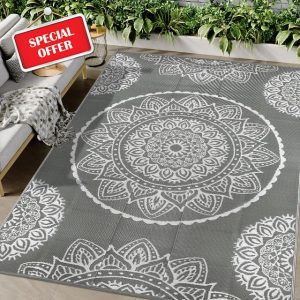 Famibay Large Outdoor Rugs for Garden Waterproof Reversible Outdoor Rug 180 x 270 cm Plastic Straw Rug Patio Carpet UV Resistant Portable Indoor Outdoor Area Rug for RV Balcony Picnic Grey