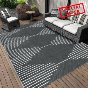 Falflor Large Outdoor Rug 240x300cm for Garden Waterproof Reversible Patio Rug Foldable Plastic Picnic Blanket UV Resistant Floor Mat for Beach Camping RV Deck(Grey)