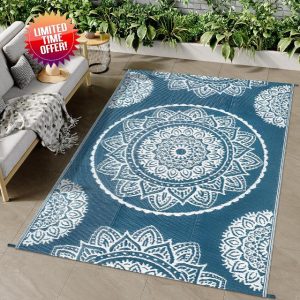Famibay Outdoor Rug Waterproof Plastic Straw Garden Rugs Reversible Rug 120 x 180 cm Outdoor Patio Carpet UV Resistant Portable Mandala Area Rug for RV Balcony Picnic Blue