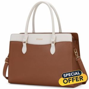 Laptop Bags for Women 15.6 Inch Ladies Work Bag PU Leather Designer Laptop Handbag Large Laptop Tote Bag for School Computer Business Travel Brown and White