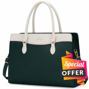 Laptop Bags for Women 15.6 Inch Ladies Work Bag PU Leather Designer Laptop Handbag Large Laptop Tote Bag for School Computer Business Travel Dark Green and White