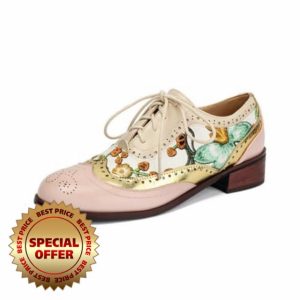 Women's Vintage Brogue Oxfords Ethnic Embroidery Round Toe Shoes with Lace-Up Closure Chunky Low Heel Casual Flats