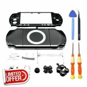 Hzxkqmil Replacement Full Housing Shell Case Kit Faceplate Cover Repair Parts + Buttons Screws Set for Sony PSP 2000 PSP2000 Console (Black)