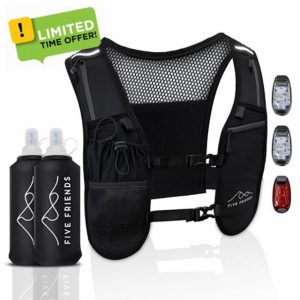 Running Vest with 2 Water Bottles & 3 LED Lights – Lightweight Reflective Hydration Vest with 6 Pockets – Adjustable Running Backpack for Men & Women