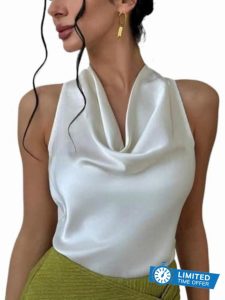Alcea Rosea Women's Silky Satin Camisole Halter Wrap Tie Back Cowl Neck Sleeveless Draped Backless Blouse Tank Top 1888