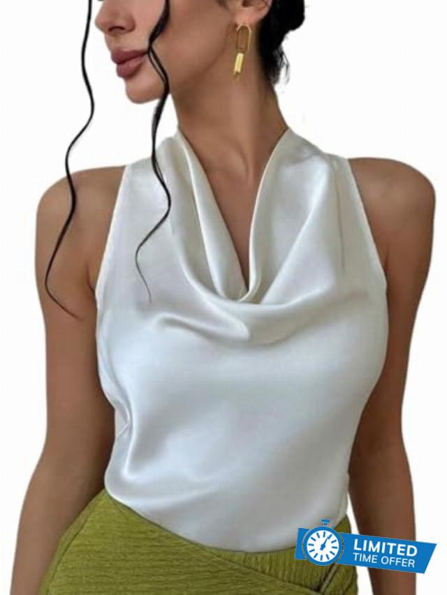 Alcea Rosea Women's Silky Satin Camisole Halter Wrap Tie Back Cowl Neck Sleeveless Draped Backless Blouse Tank Top 1888