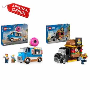 LEGO City Donut Truck Toy + Burger Van Building Toys Mobile Food Stand & Food Truck Toys for 5+ Year Old Boys & Girls 60452 + 60404