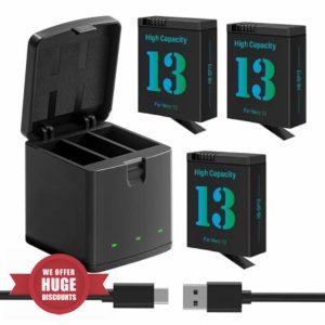 3-Packs Hero 13 battery charger kit 2800mAh replacement batteries type-C LED three-channel charger for Hero 13 Black fully compatible with original (3 pieces battery + 1 piece charging compartment)