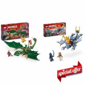 LEGO NINJAGO Lloyd’s Green Forest Dragon Figure + Young Dragon Riyu Toy Includes 3 Ninja Character Minifigures with Sword Accessories Imaginative Play 71829 + 7181