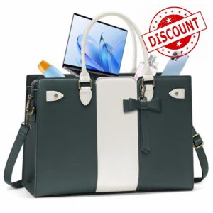 Laptop Bags for Women PU Leather Work Bags for Women Tote Bag Large Handbag Shoulder Bag for Office Bussiness 15.6 Inch Dark Green and Beige