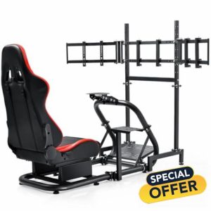 Dardoo Racing Simulator Cockpit with Triple Monitor Stand and Red Seat Fit for Logitech/Thrustmaster/Fanatec T500RS TX G29 G920 G923 CSL-DD
