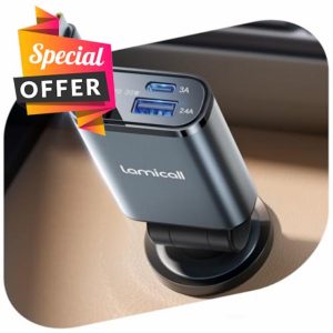 Lamicall 3 in 1 Retractable Car Charger Adapter -【2025 Ultra Compact】50W Cigarette Lighter USB Charger