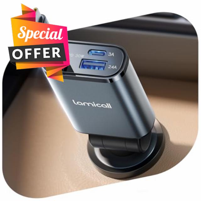 Lamicall 3 in 1 Retractable Car Charger Adapter -【2025 Ultra Compact】50W Cigarette Lighter USB Charger