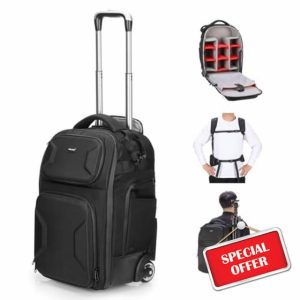 Neewer 2 in 1 Camera Roller Bag with Detachable Shockproof Dividers Retractable Handle Waistband Rain Cover Water Resistant Robust Carry On Backpack for Camera Tripod Flash Lens Laptop
