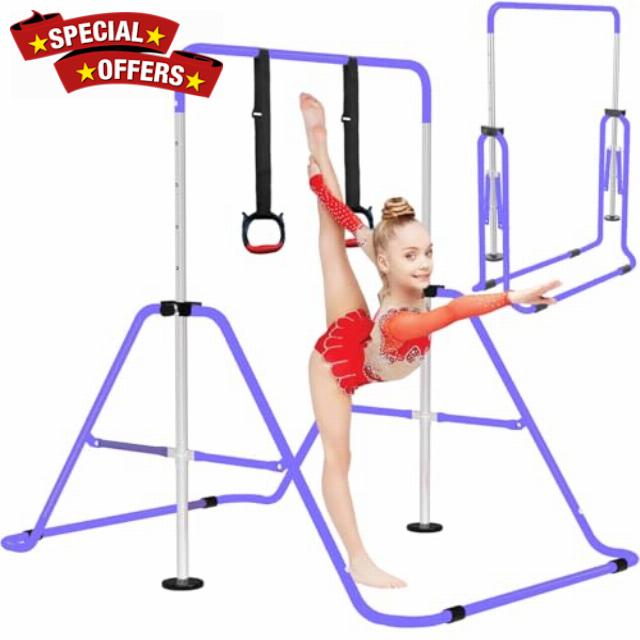 Kids Gymnastics Bar Kip Trainer with Rings – Adjustable Height