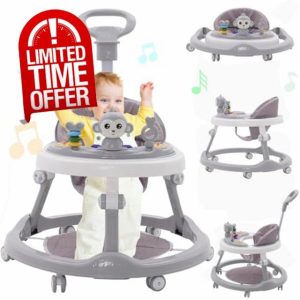 Baby Walker Foldable 3-in-1 Multi-Function Walker with Seat and Foot Pads Push Along Walkers with Light Song and Sound Anti-Rollover Baby Walker with Adjustable Height Compact Walker for Girls Boys