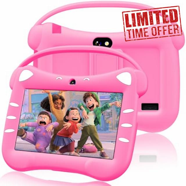 Toddler Tablet for Kids 7 Inch Kids Tablet Android with WiFi Dual Camera Bluetooth Parental Control Shockproof Case Educational Games 32GB ROM ages 3-14 year old (Rose Red)