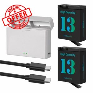 Hero 13 Battery Charger Kit 2 Pack 2800mAh Replacement Batteries Type-C LED Three Channel Charger for Hero 13 Black Fully Compatible with Original(2 Pieces Battery + 1 Piece Charger)