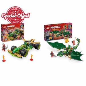 LEGO NINJAGO Lloyd’s Pull-Back Race Car Toy + Lloyd’s Green Forest Dragon Figure Imaginative Play Dragons Rising Fans 71828 + 71829