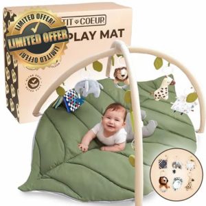 Baby Play Mat Newborn Babies to 18 Months - Leaf Shaped Baby Gym Play Mat with Detachable Hanging Toys for Babies - Playgym for Newborn Sensory Tummy Time Playmats & Floor Gyms for 0-18 Month Old