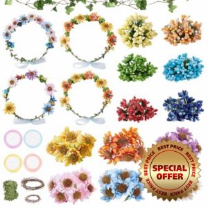 FREEBLOSS 16 Set Flower Crowns DIY Kit Flower Crown DIY Flower Crowns Chrysanthemum Headband Making Kit Handmade Floral Hair Accessories for Wedding Birthday Fairy Party Favors DIY Arts and Crafts