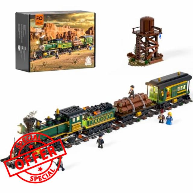 FUNWHOLE Western Freight Train Construction Set - 4-4-0 Steam Train Model with Lighting