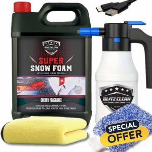 5L Snow Foam Plus 1.5L Rechargeable Battery Snowfoam Sprayer Full Kit Inc Wash Mitt & Drying Cloth Wash Detailing Valeting Kit For Car Van Caravan Pressurised Snow Cannon Lance PRO Bundle (Cherry)