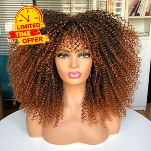 ANNIVIA 16inch Long Curly Afro Wigs for Black Women Afro Kinky Curly Wig with Bangs No Glue Full and Fluffy like a Bomb Full wig (Ombre Brown)