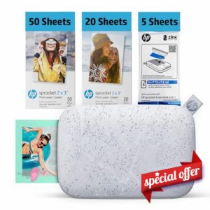 HP Sprocket 2x3 Instant Smartphone Photo Printer 75 Sheets Bundle - Bluetooth Portable Color Wireless Mobile Printer (White) Zink Sticky-Back Photos