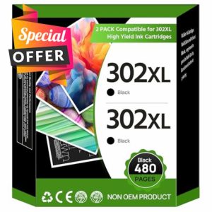 302XL Black Ink Cartridge Remanufactured for HP 302 302XL Ink Cartridges Combo Pack for Deskjet 1110 2130 2134 3630 3632 3634 Envy 4520 4521 4522 4523 4524 Officejet 3830 3834 4650 4651 4652 (2-Black)