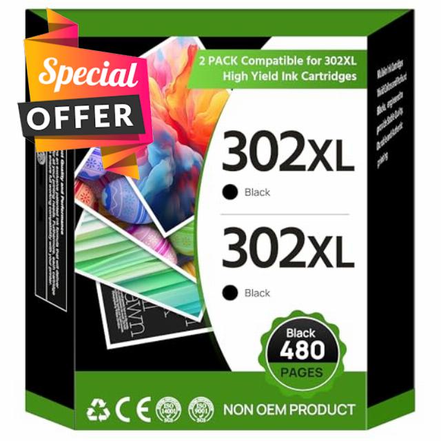 302XL Black Ink Cartridge Remanufactured for HP 302 302XL Ink Cartridges Combo Pack for Deskjet 1110 2130 2134 3630 3632 3634 Envy 4520 4521 4522 4523 4524 Officejet 3830 3834 4650 4651 4652 (2-Black)