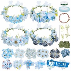 FREEBLOSS 4 Set Flower Crowns DIY Kit 67pcs Blue Flower Crown DIY Flower Crowns Headband Making Kit Handmade Floral Hair Accessories for Wedding Birthday Fairy Party Favors DIY Arts and Crafts