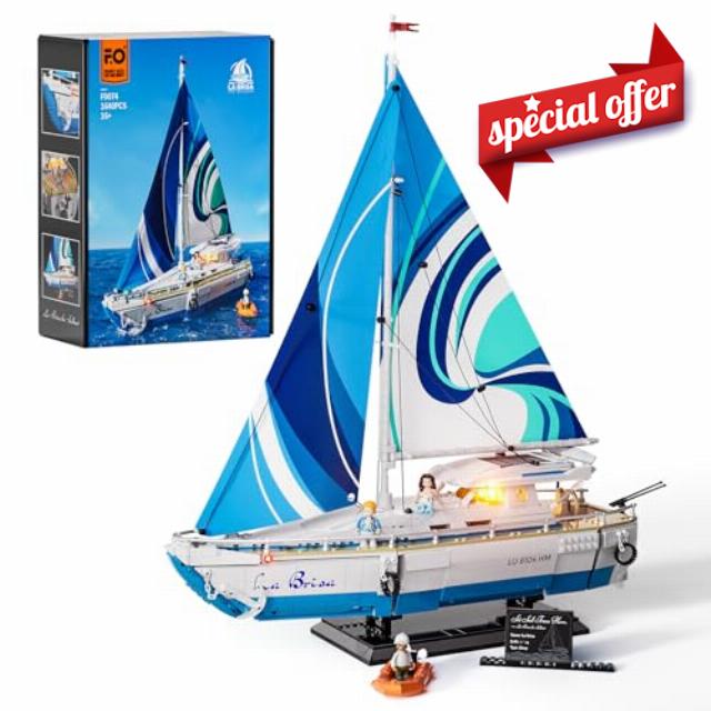 FUNWHOLE Sailboat La Brisa Lighting Building Bricks Set - 1640 Pcs 1:24 Scale Adult Long-Distance Sailing Vacation Boat Model with LED Lights