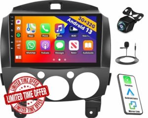 CAMECHO Qualcomm 8-Core Android 13 Car Stereo for Mazda 2 2007-2014 3+32GB 9 Inch Touchscreen Car Radio Wireless Carplay Android Auto GPS Navigation WiFi Bluetooth FM RDS DSP Backup Camera Mirror Link