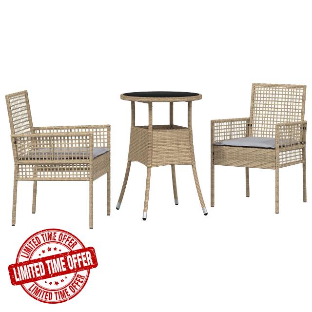 idaXL 2-Seater Beige Wicker Patio Dining Set - Round Table with Chairs - Outdoor Balcony & Garden Furniture - Weather & Water Resista