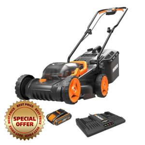 Worx WG779E.2 40V 34cm Cordless Lawnmower – Ideal for Small to Medium Gardens (Up to 400㎡) – Includes 2x 2.0Ah Batteries & Charger – Cut-to-Edge