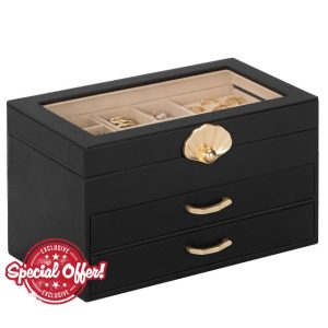 Jewellery Box with 2 Drawers : Jewellery Display Organiser for Earrings Necklaces - Gift for Girls Women | Black
