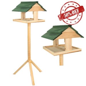 Discoball Wooden Bird Table Garden Birds House Feeding Station Platform Bird Shelter Wood Bird Feeder with Sturdy Tripod Stand - Spacious Platform for Multiple Birds