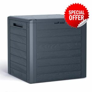 Garden Storage Box Plastic Organizer Wood Effect Outdoor Bench Large Deck Cusion Organizer Furniture Lid Container Woodebox (Anthracite