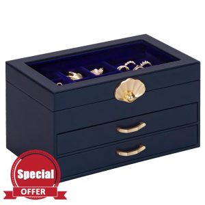 Enthralite Jewellery Box with 2 Drawers : Jewellery Display Organiser for Earrings Necklaces - Gift for Girls Women | Dark Blue